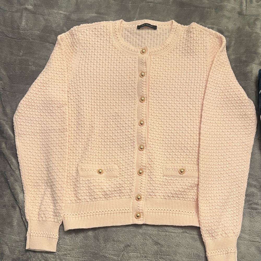 Ann Taylor Light Pink Button-Front Cardigan with Gold Buttons